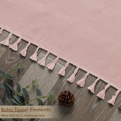 OVZME Pink Shower Curtain for Bathroom, Boho Linen Textured Shower Curtain with Tassel, Rustic Striped Heavy Duty Vintage Country Bathroom Curtain, 72Wx72L Inches
