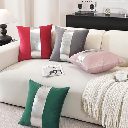 TAOSON Pack of 2 Velvet Decorative Throw Pillow Covers Pink Patchwork with Silver Striped Leather Pillow Covers 18 × 18 Inch Cushion Covers Decor Living Room Sofa Bedroom Car Only Cover No Insert