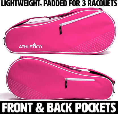 Athletico 3 Racquet Tennis Bag | Padded to Protect Rackets & Lightweight | Professional or Beginner Tennis Players | Unisex Design for Men, Women, Youth and Adults (Pink)