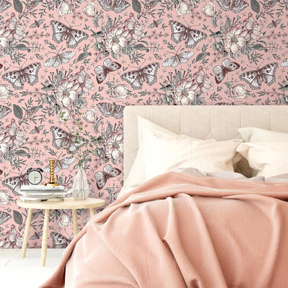 FunStick Pink Floral Wallpaper Peel and Stick Botanical Garden Wildflower Butterfly Wall Paper for Girls Bedroom Nursery Removable Pink Butterflies Floral Contact Paper for Walls Cabinets 17.5"x118"