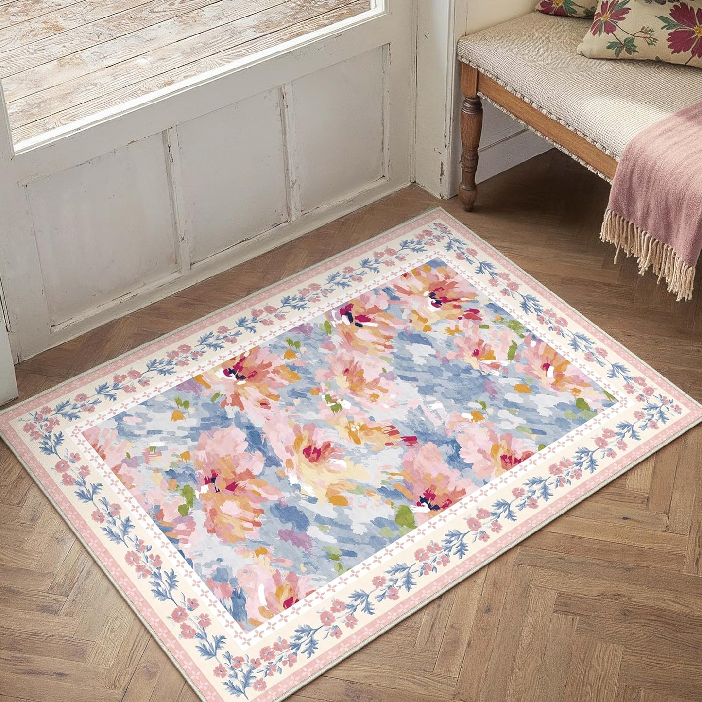 2x3 Washable Area Rug for Entryway Pink Blue Floral Abstract Soft Throw Rug Modern Non Slip Low Pile Small Carpet for Kitchen Bathroom Living Room Bedroom