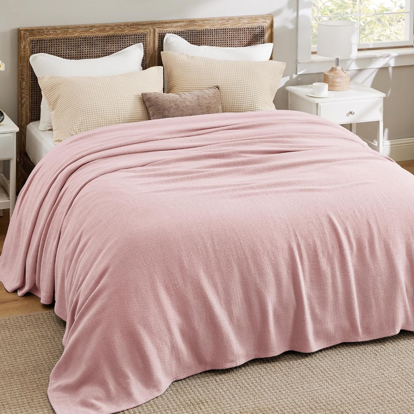 Bedsure GentleSoft 100% Cotton Blanket Queen Size for Bed - Breathable and Lightweight, Soft Cozy Textured Herringbone Woven Blanket for Summer Spring, Pink, 90x90 inches