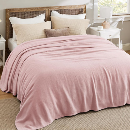 Bedsure GentleSoft 100% Cotton Blanket Queen Size for Bed - Breathable and Lightweight, Soft Cozy Textured Herringbone Woven Blanket for Summer Spring, Pink, 90x90 inches