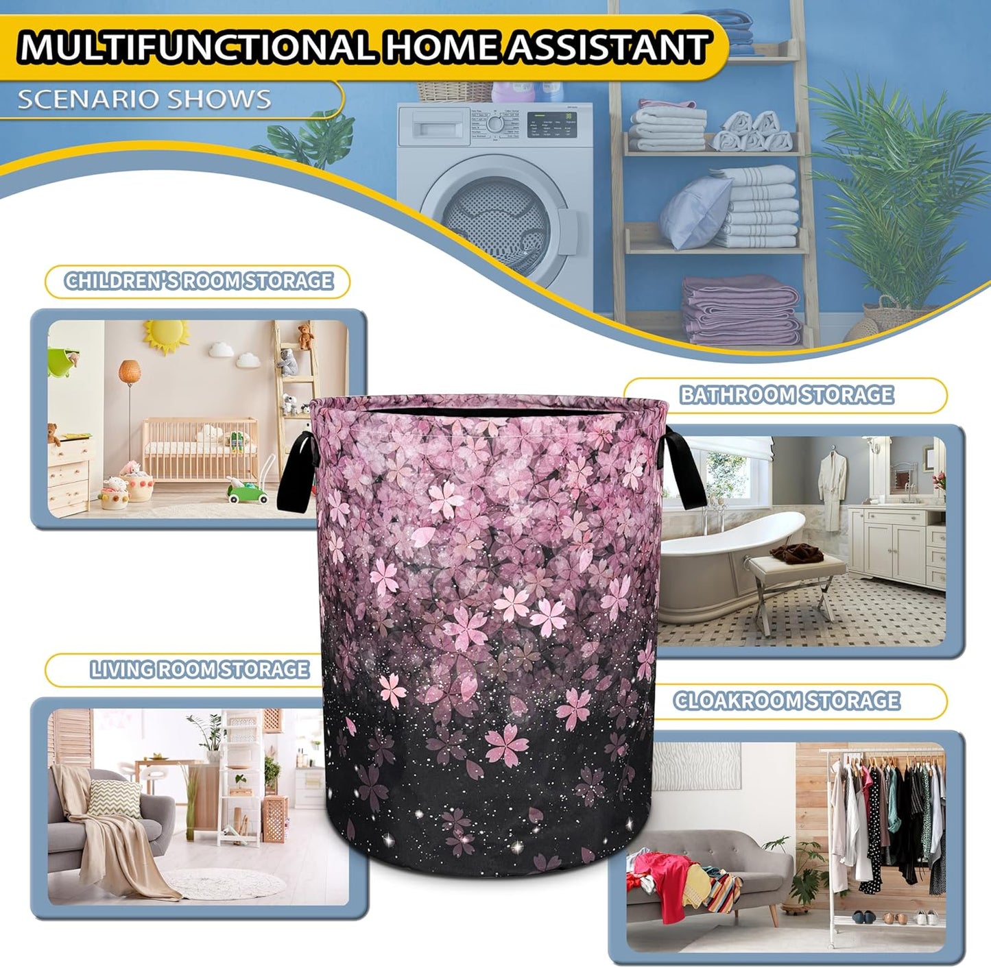 Cherry Blossoms Laundry Basket Pink Flowers Foldable Oxford Cloth Funny Tote Bag Laundry Hamper Clothes Storage Bucket Organizer For Bathroom/Laundry Storage/Bedroom 18.9x16.5 Inch