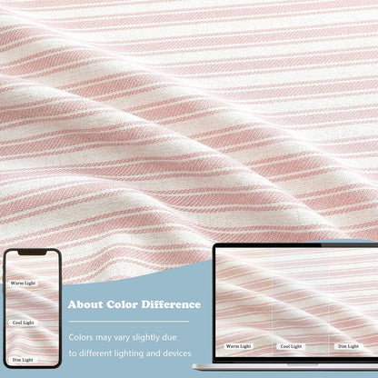 Chyhomenyc Pink Stripe Window Valances - Light Filtering Faux Linen Short Tier Valance Curtains, Rod Pocket Boho Striped Topper Farmhouse Valance for Living Room Bathroom, 52Wx18L, 2 Pieces