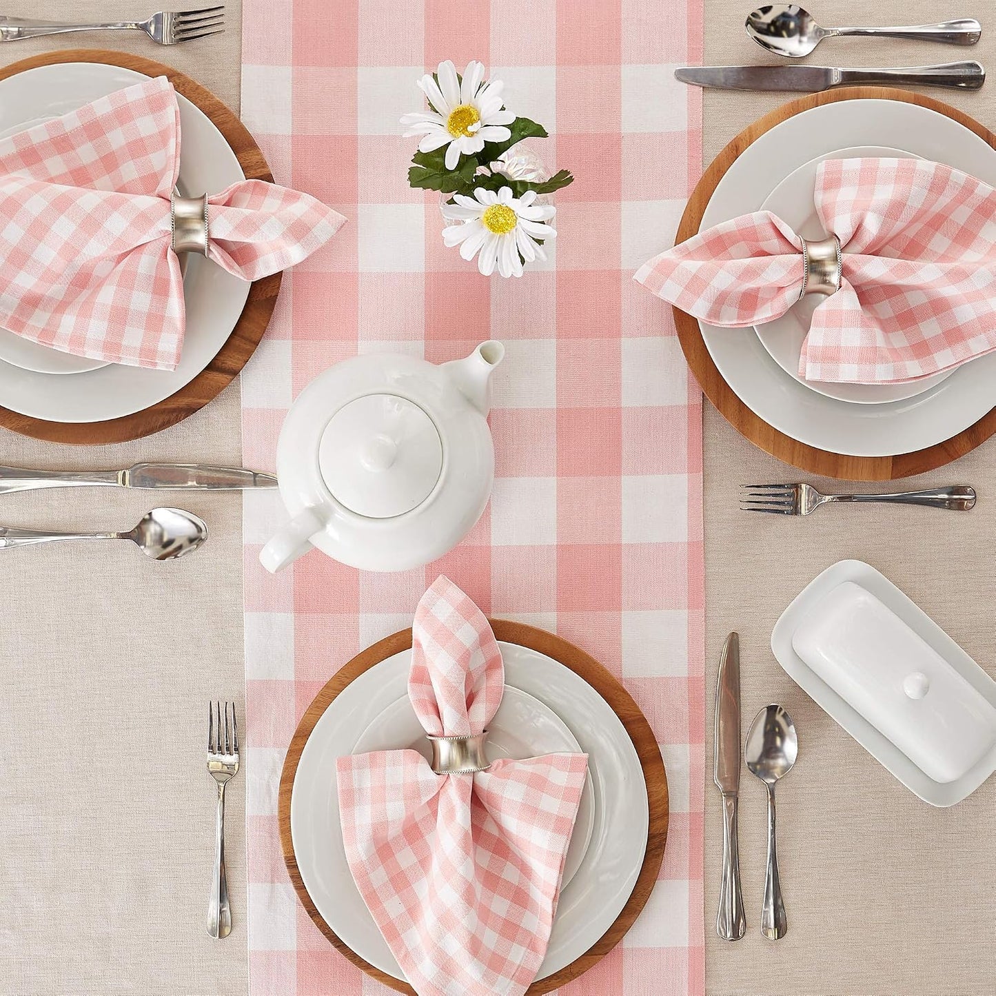 DII Gingham Check Tabletop Collection, Pink, Table Runner, 14x72