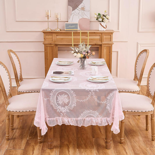 Pink Lace Tablecloth with Ruffled Hem, Floral Embroidered Rectangular Table Cover, Vintage Elegant Style (Pink, 55”x70”, Rectangle)