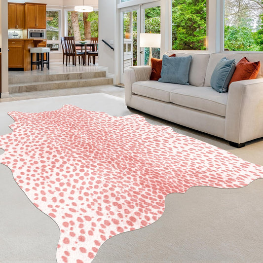 Leopard Print Rug, Animal Print 4.6x5.2 Feet Cowhide Rug for Living Room Bedroom Cow Hide Cheetah Faux Fake Antelope Deer Western Rustic Pink (Pink, 4.6x5.2ft)