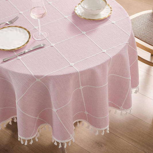 ZeeMart Boho Grid Table Cloth with Tassels (Pink, 52" Round), Heavy Weight Linen Checked Embroidered Farmhouse Tablecloth, Water Resistant Round Pink Tablecloths