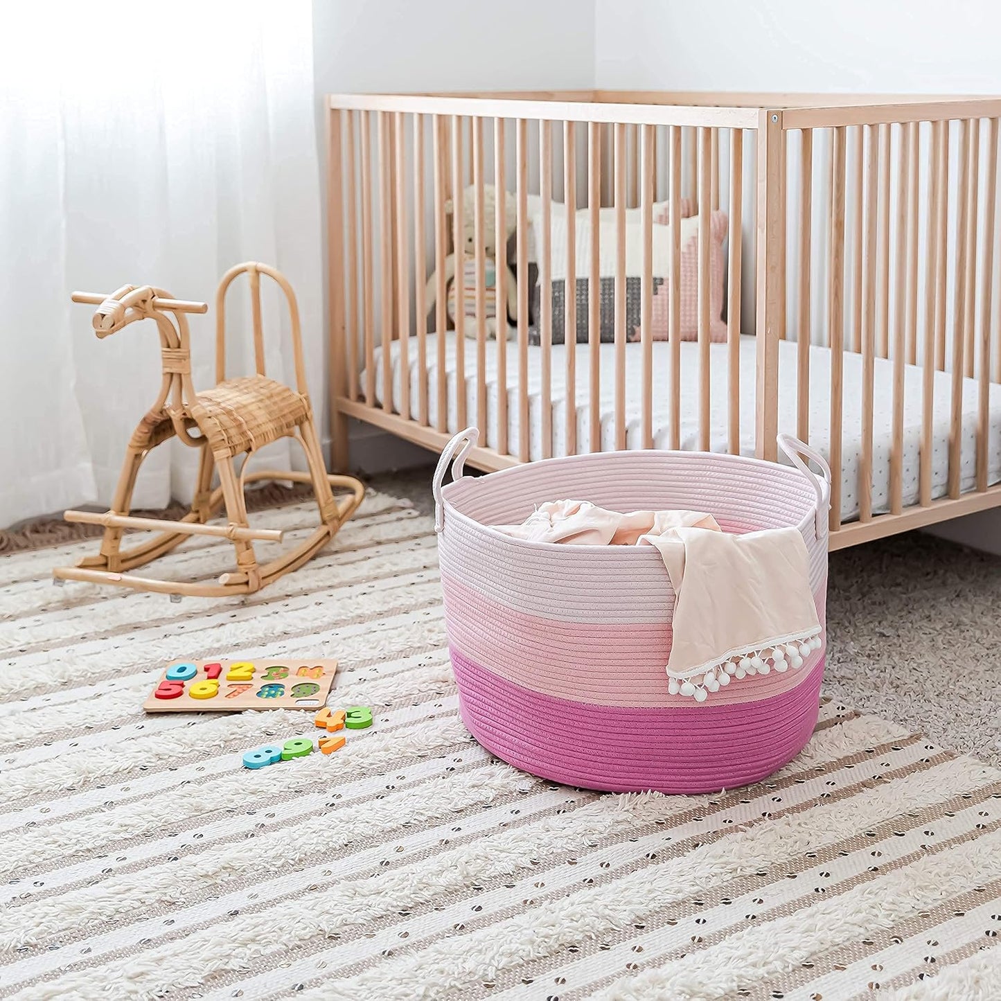 OrganiHaus Large Woven Storage Basket for Blankets and Toys 20" x 13" Inch, Rope Laundry Basket with Handles, Cushions & Pillows Storage Bin, Nursery Hamper, Soft Round Dog Toy Bin - Pink