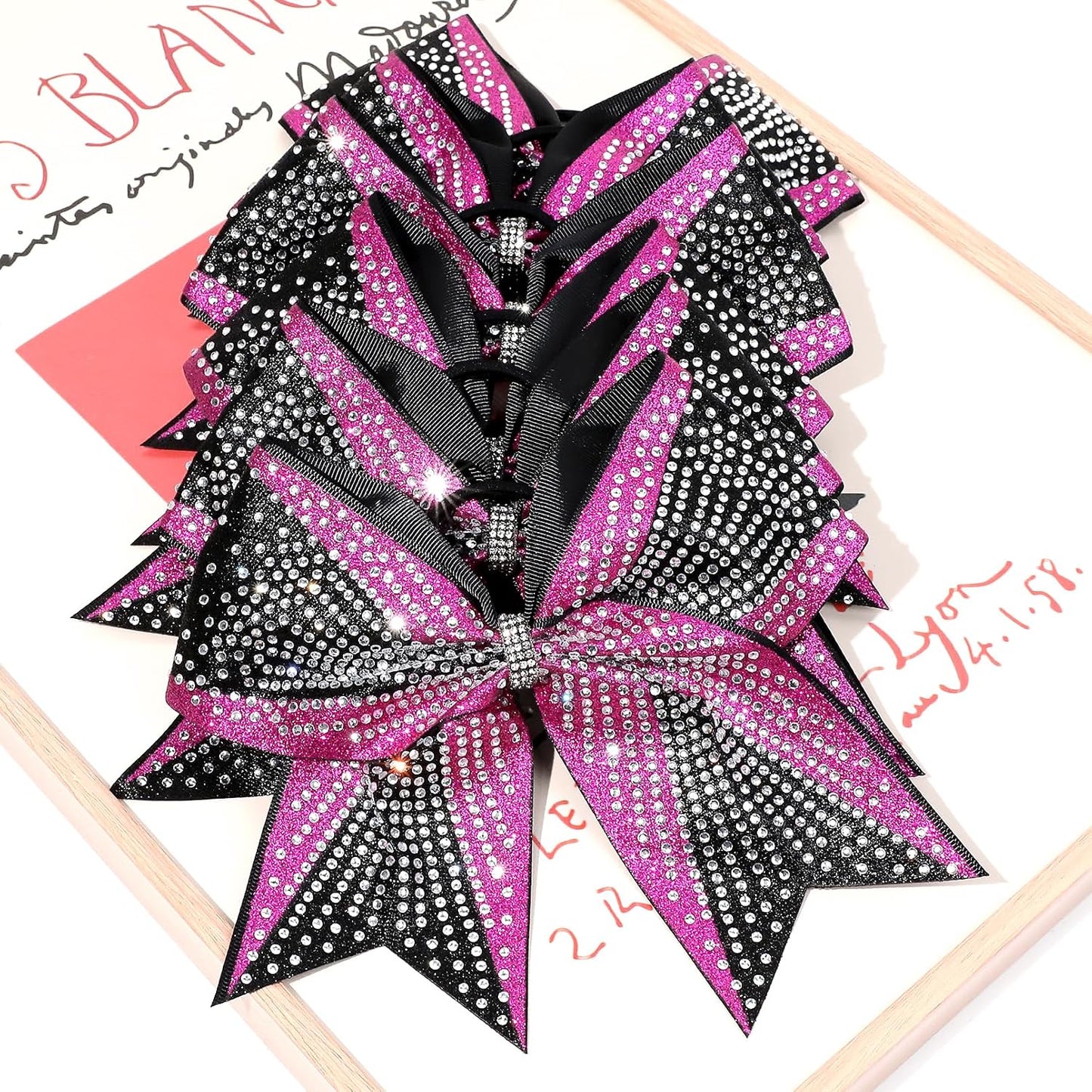 DEEKA 6PCS 8" Large Glitter Pink and Black Cheer Bows Two Toned Rhinestones Stiff Cheer Hair Bows Elastic Band Competition Bows for Cheerleader Team Girls Sports -Pink/Black