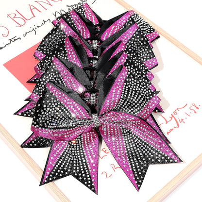 DEEKA 6PCS 8" Large Glitter Pink and Black Cheer Bows Two Toned Rhinestones Stiff Cheer Hair Bows Elastic Band Competition Bows for Cheerleader Team Girls Sports -Pink/Black