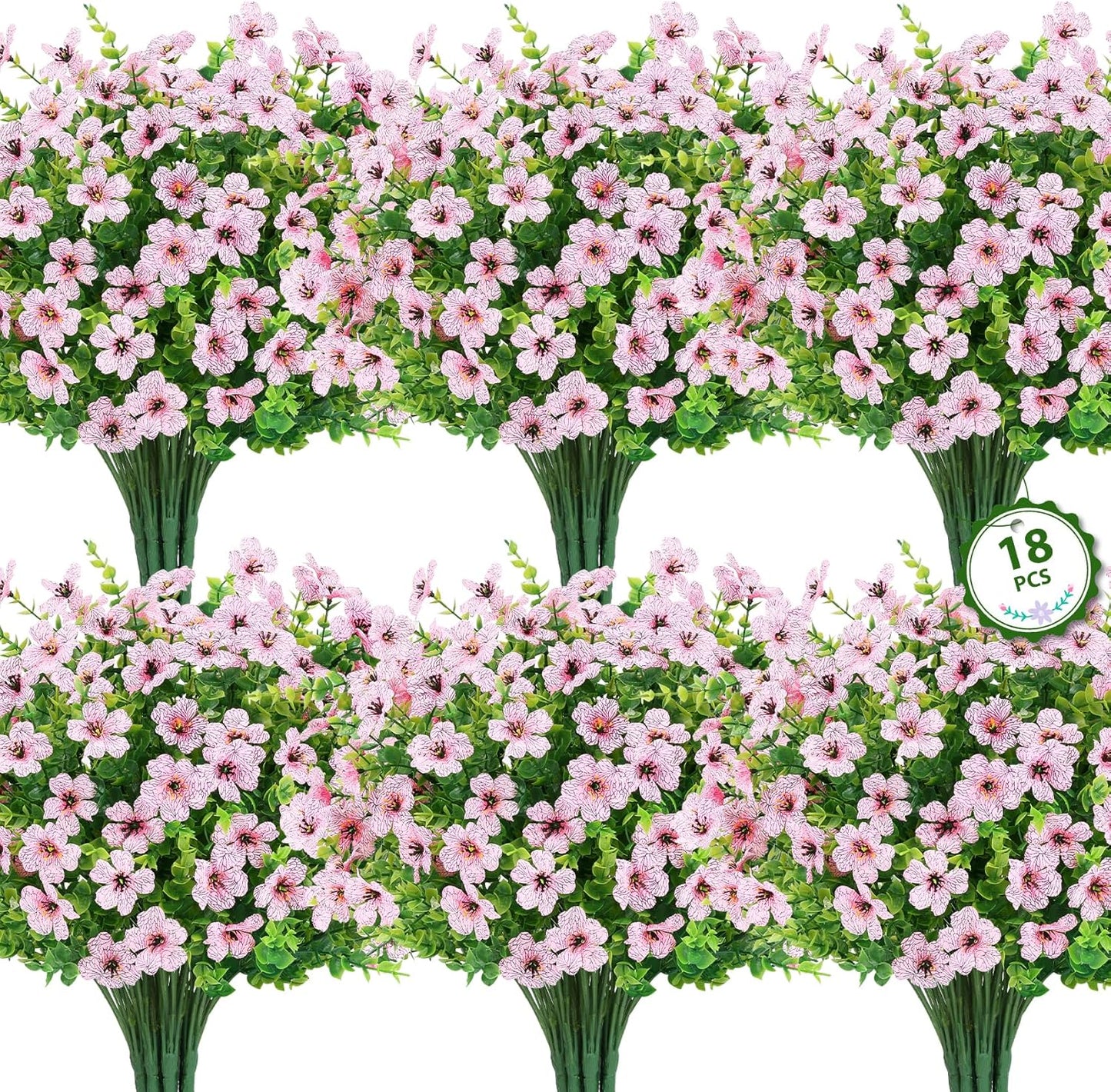 Roberly Artificial Flowers for Outdoors, UV Resistant Silk Faux Flowers Daisy with Eucalyptus Greenery Stems Fake Plastic Plants for Spring Summer Patio Garden Home Decor, 18 Bundles, Pink