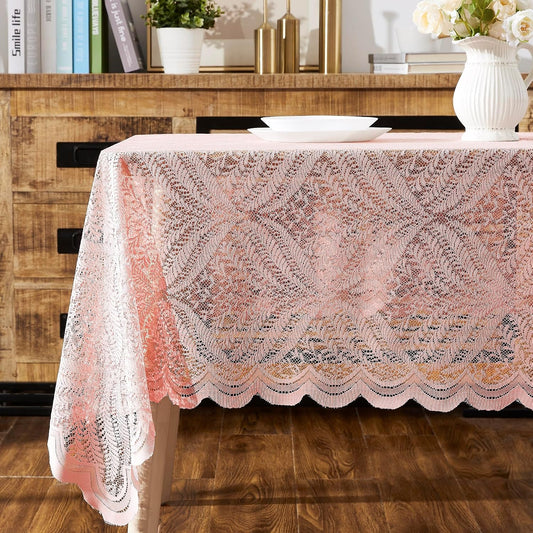 LinenZone 60 x 84 Blush Lace Rectangle Tablecloth. (Amelia 60 x 84, Blush) | Luxury Lace Leaf Tablecloth with Floral Design for Country, Vintage & Farmhouse Table Decor or Rustic Kitchen Decor.