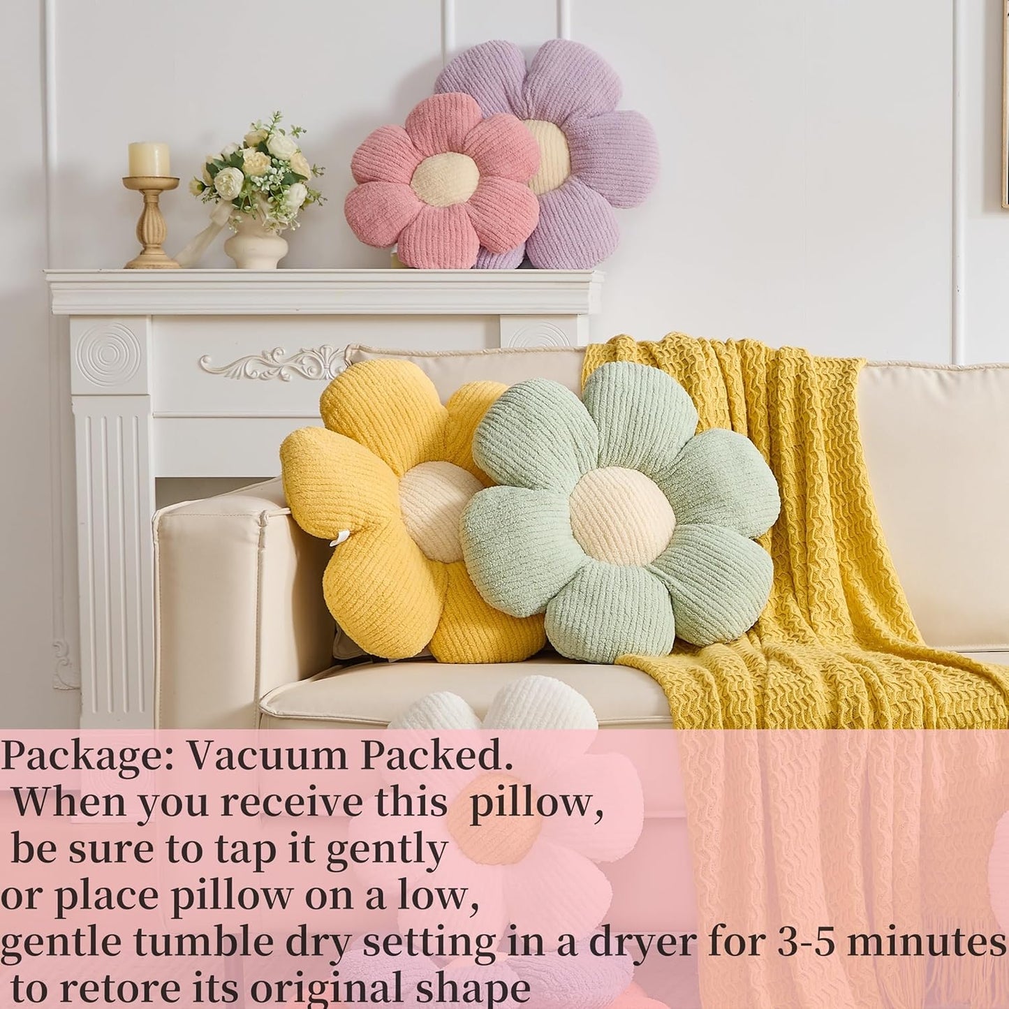 Flower Pillow, Pink Throw Pillow Daisy Decorative Pillow Cushion 15.75" Pink Home Decorative Pillows for Bed, Sofa, Couch