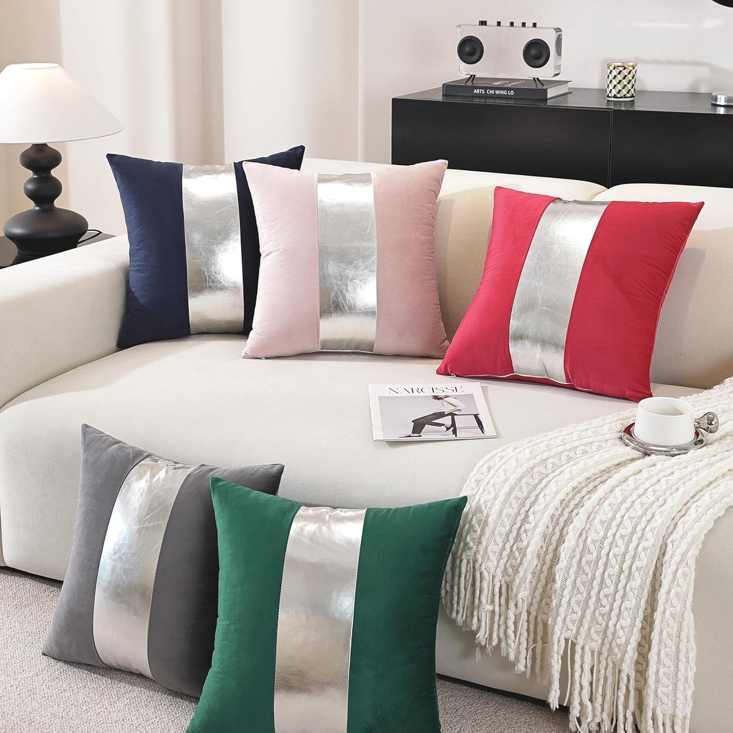 TAOSON Pack of 2 Velvet Decorative Throw Pillow Covers Pink Patchwork with Silver Striped Leather Pillow Covers 18 × 18 Inch Cushion Covers Decor Living Room Sofa Bedroom Car Only Cover No Insert