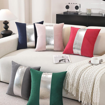 TAOSON Pack of 2 Velvet Decorative Throw Pillow Covers Pink Patchwork with Silver Striped Leather Pillow Covers 18 × 18 Inch Cushion Covers Decor Living Room Sofa Bedroom Car Only Cover No Insert