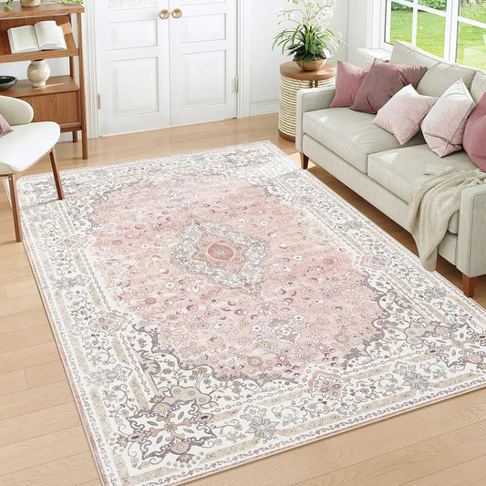 Brakki Pink 5x7 Area Rugs for Living Room, Washable Vintage Boho Rug Non Slip for Bedroom Kitchen Office, Low Pile Soft Stain Resistant Carpet Floor Indoor Laundry Dining Room