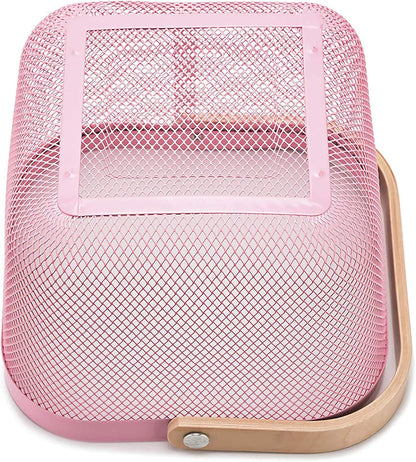 AJIODA Metal Mesh Steel Basket, Storage Organizer Basket Multi-functional Hanging Kitchen Baskets Fruit Basket Bin with Bamboo Handle for Kitchen Bathroom Picnic Shopping Decor Cabinet Home, Pink