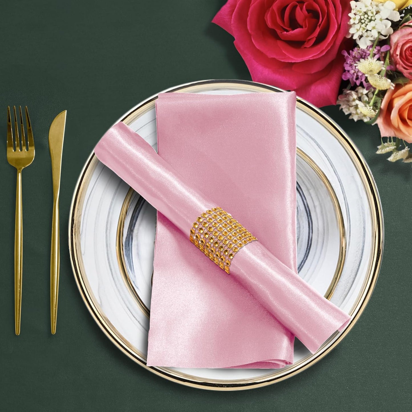 100 Pack Pink Satin Napkins and Napkin Rings Set, 12 x 12 Inch Silky Soft Cloth Napkins Set of 50, Square Satin Dinner Table Napkins Bulk for Wedding Banquet Graduation Party Decoration