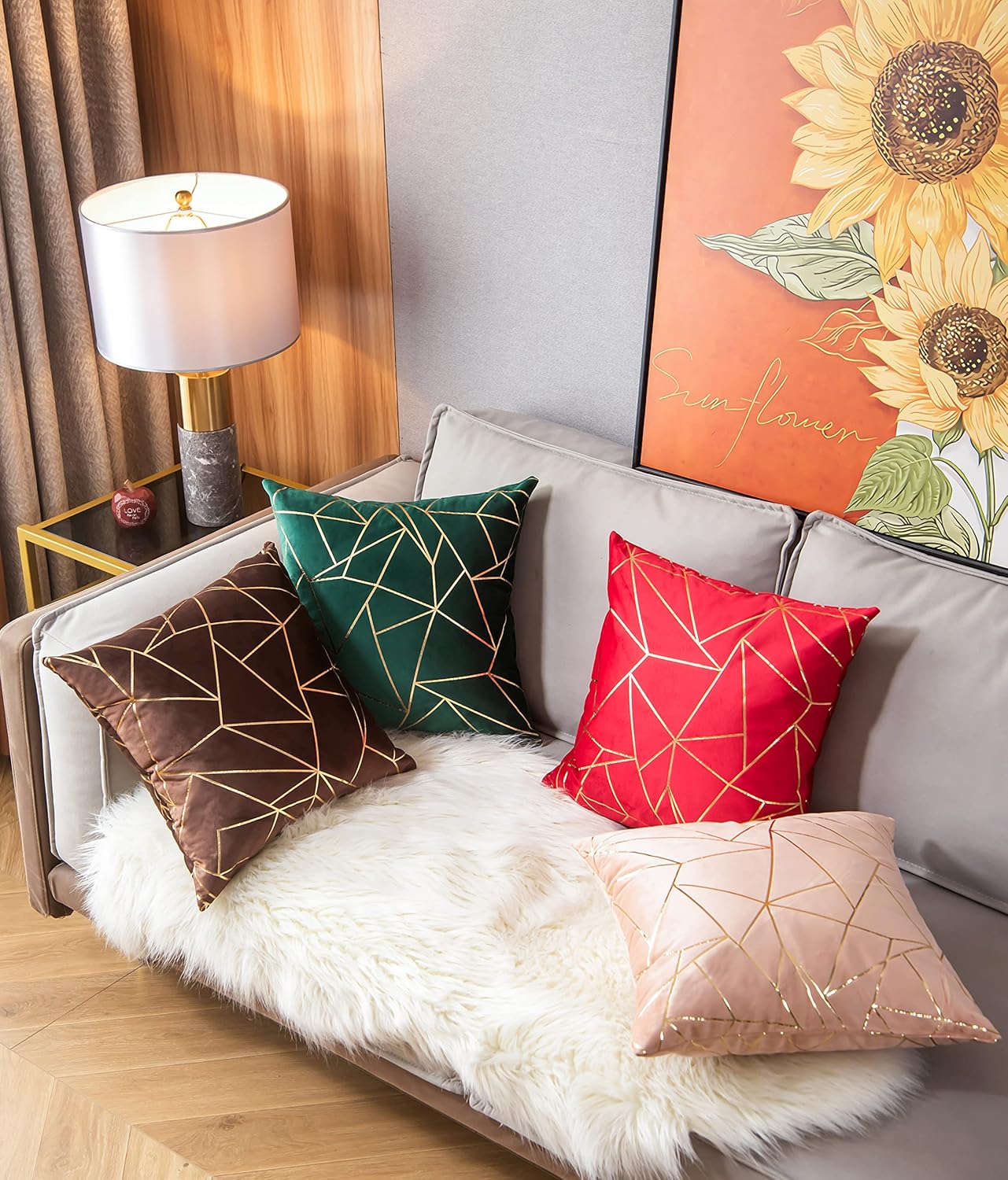 YONGLIU Pack of 2 Velvet Cushion Cases Decorative Gold Foil Geometric Pattern Ultra-Soft Square Throw Pillow Covers for Modern Homes Couch Sofa Bedroom Living Room Car Chair (Peach, 20"X20")