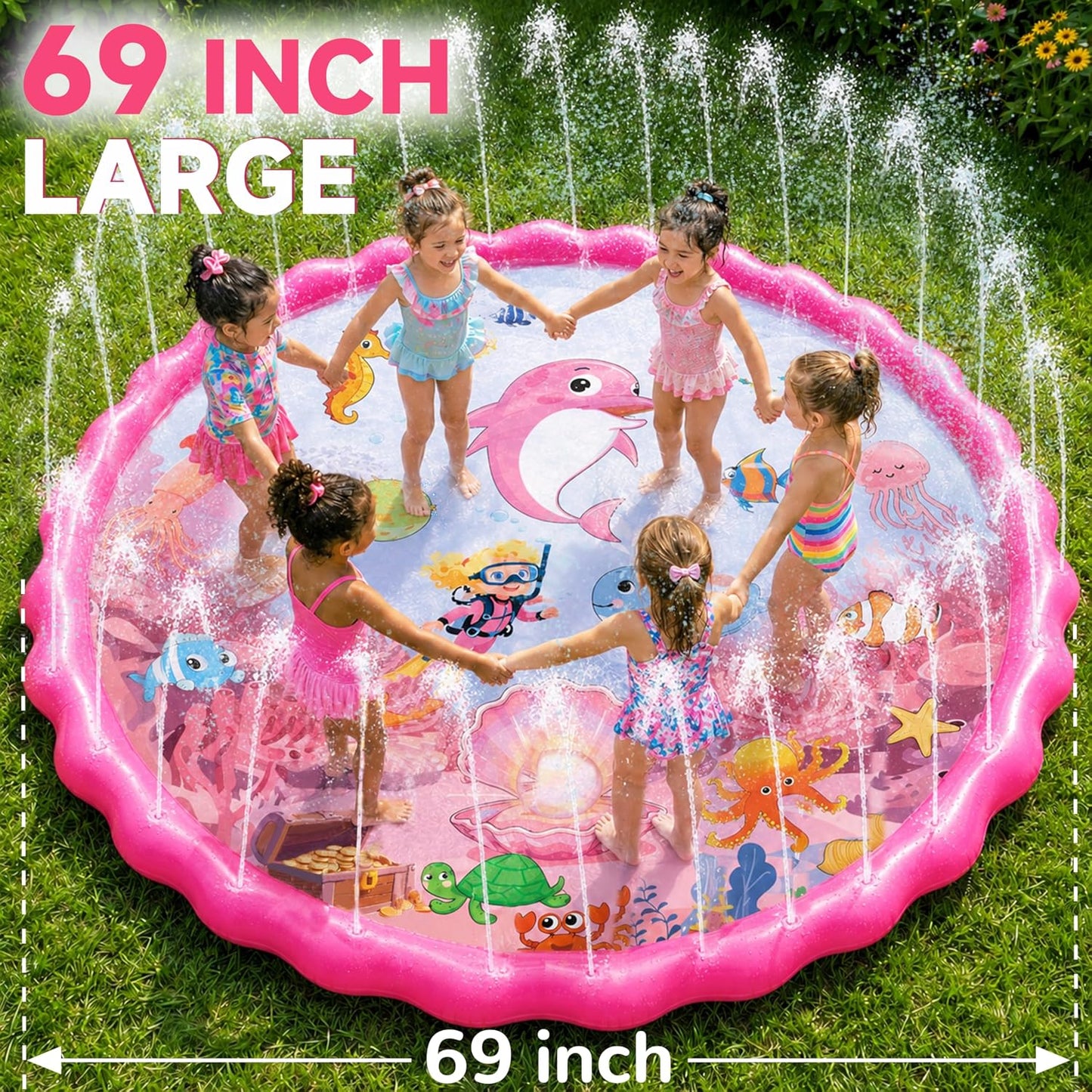 69" Splash Pad for Kids and Adults, Girls Sprinkler Water Toys for Backyard Outside, Non-Slip Wading Pool for Toddlers 1-3 4-8, Summer Outdoor Family Water Park, Pink Ocean