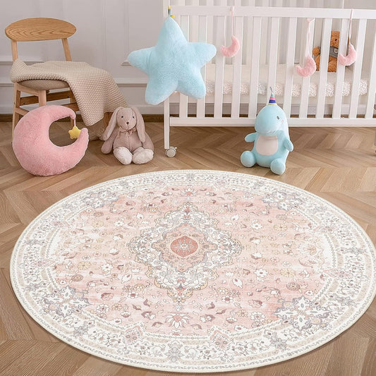Brakki Pink Rug 4x4 for Bedroom, Washable Area Rug for Living Room Dining Room Entryway, Non Slip Vintage Boho Rug for Kitchen Bathroom, Soft Low Pile Stain Resistant Floor Carpet Indoor