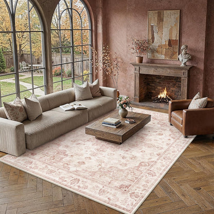 9x12 Neutral Area Rug Pink Vintage Living Room Bedroom Washable Carpet Non-Slip Soft Low Pile Farmhouse Indoor Large Throw Rug for Dining Room Office