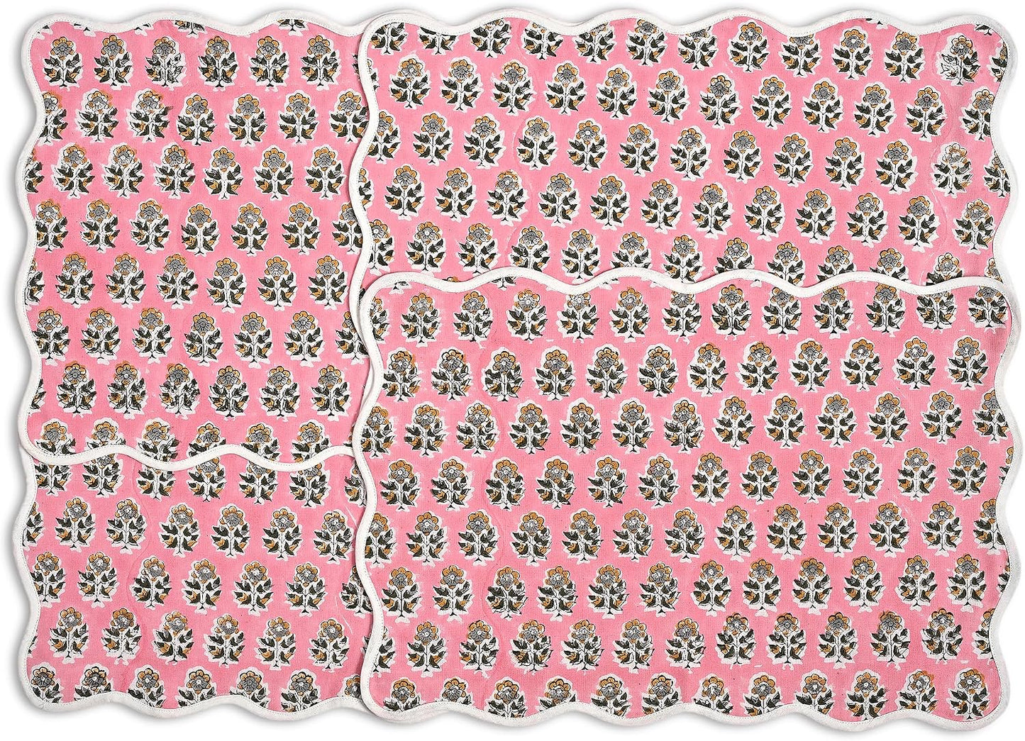CPC Cotton Placemats Poopy Pink Set of 4-Hand Block Printed Reversible Placemats, Flower Scalloped & Embroidered Cloth Table Mats - 14 x 20 inch Gift for Spring, Mother's Day