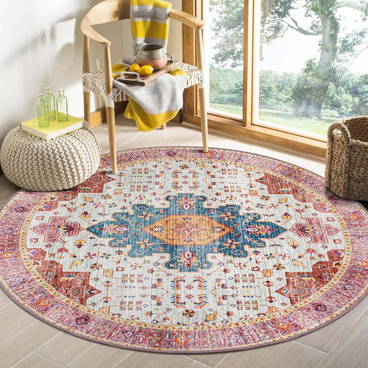 Moynesa Ultra-Thin Washable Round Rug - 4ft Pink Oriental Circle Area Rugs for Nursery Bedroom, Vintage Non Slip Non Shedding Low Pile Carpet for Living Room Coffee Table Entryway