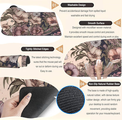 Pastel Purple Floral XL Large Gaming Mouse Pad Pink Flower Forest Desk Mat with Stitched Edges, Non-Slip Rubber Base Mousepad Laptop Computer Keyboard and Mouse Mat 31.5x11.8 in
