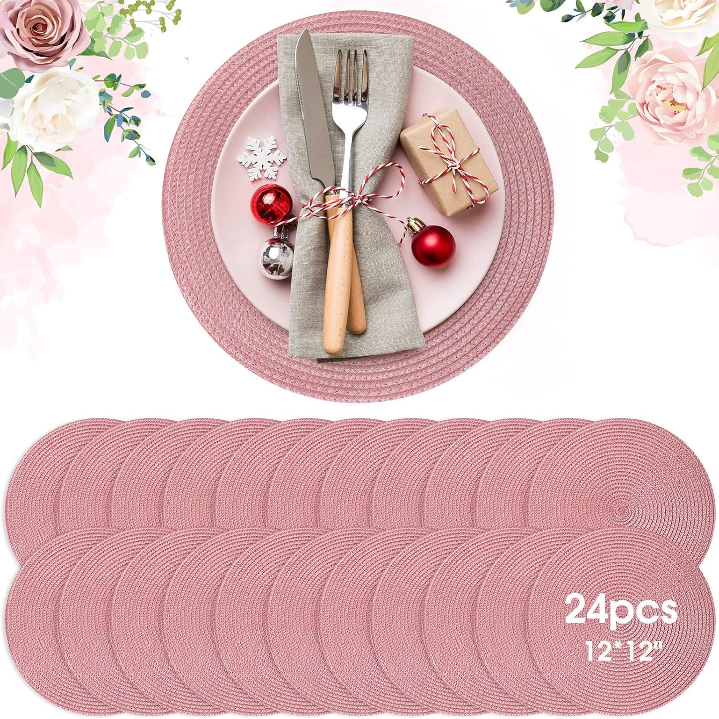 Buryeah 24 Pieces 13 Inch Christmas Round Placemats Circle Woven Place Mats Boho Decor Dining Table Mats Table Scape Hosting Friends for Wedding Birthday Dinner Parties (Pink)