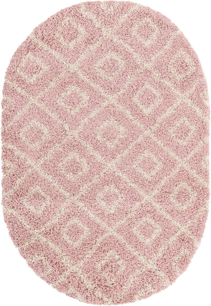 Rugs.com Lattice Shag Collection Rug – 4x6 Oval Light Pink Shag-Pile Rug Perfect for Living Rooms, Large Dining Rooms, Open Floorplans