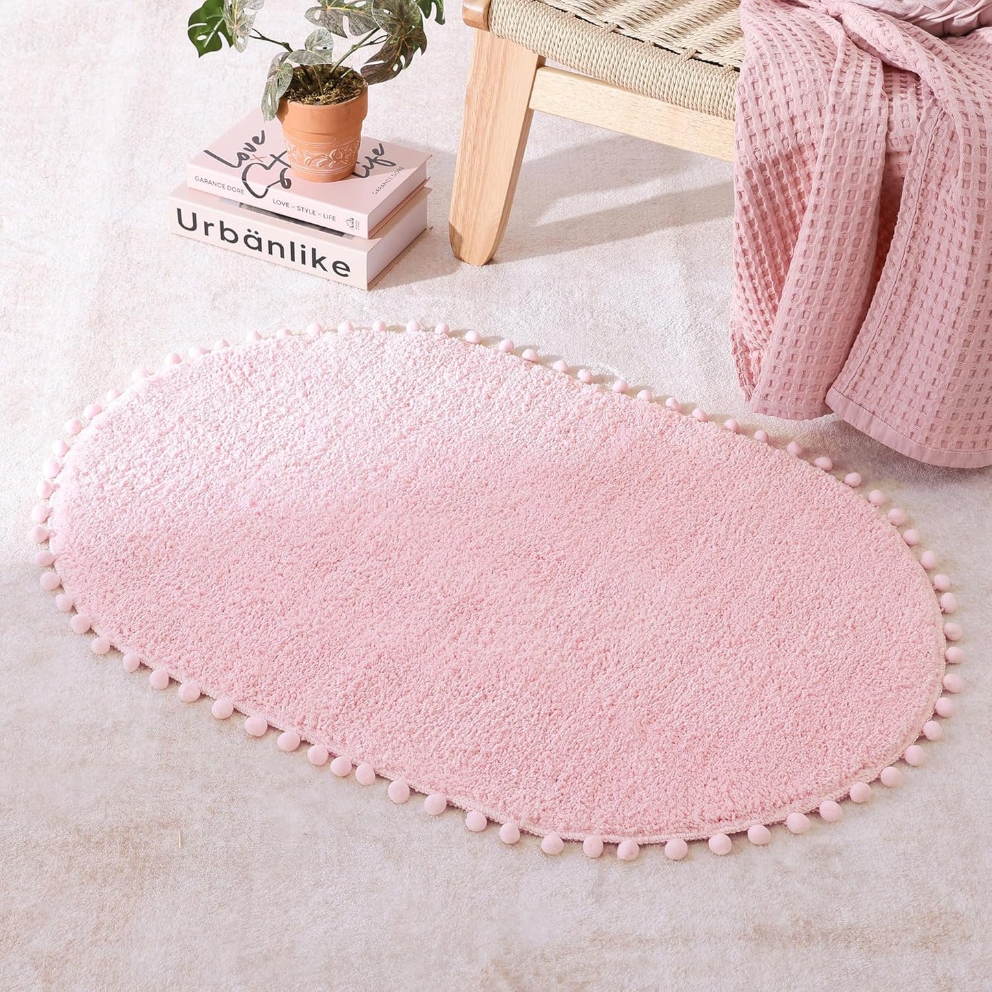 YIRDDEO Bath Mat Pink Rug with Pom Oval Bathroom Rugs for Bedroom Non Slip Cute Boho Absorbent Mats Soft Plush Washable Rug (24x36 inches)
