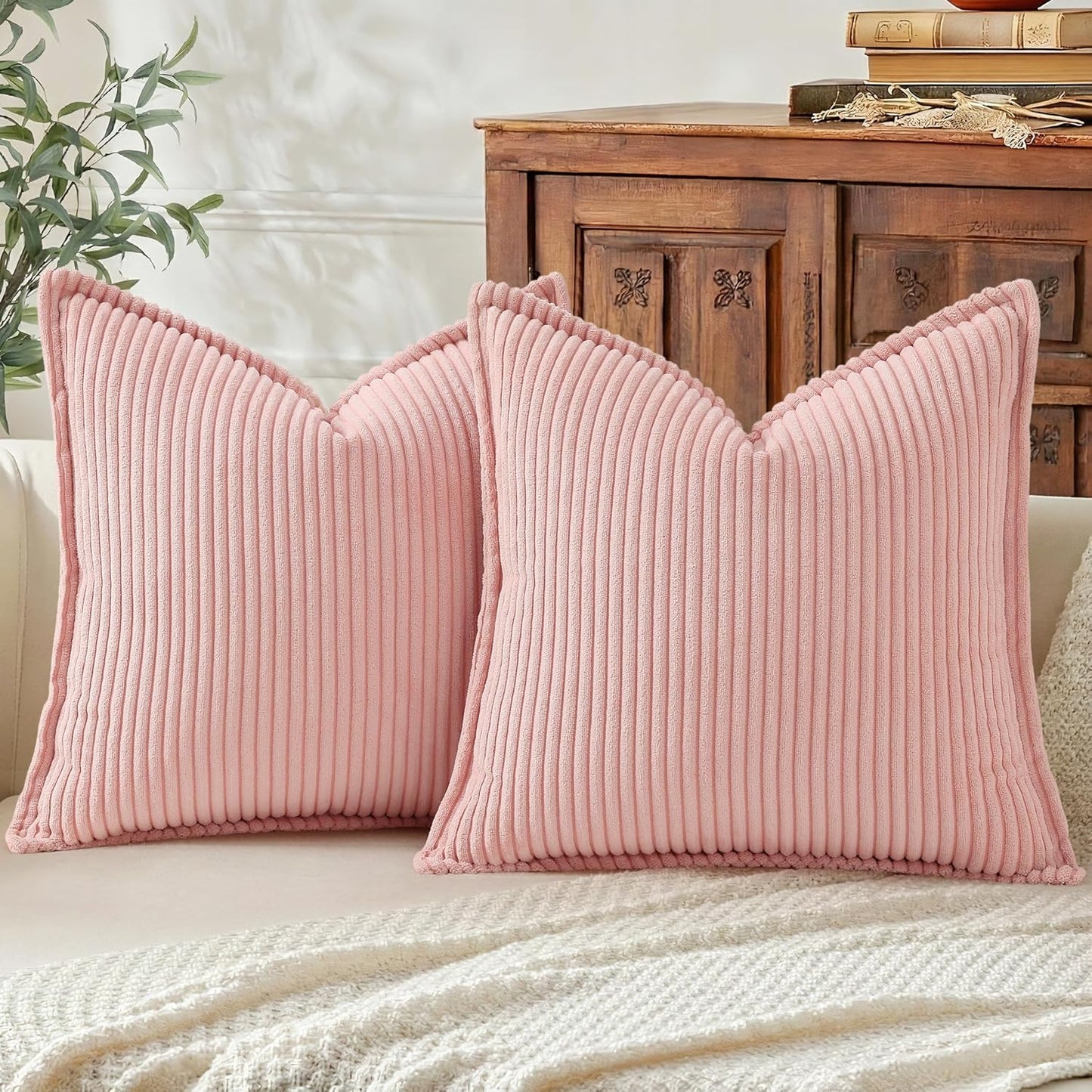Mecatny Corduroy Summer Throw Pillow Covers 26x26 Set of 2, Neutral Decorative Soft Boho Couch Pillow Covers with Broadside for Sofa Living Room, Pink