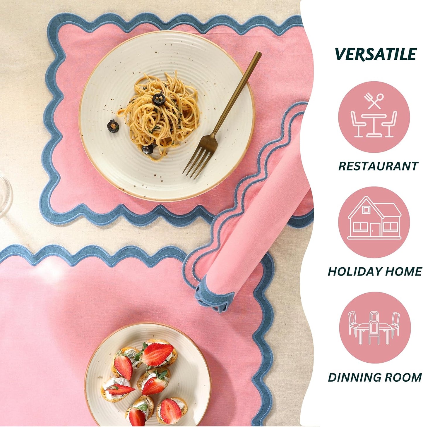 Folkulture Placemats Set of 4 (13 x 19) | 100% Cotton, Cute, Heat Resistant,Machine Washable Scalloped Place Mats | Pink Rectangular Cloth Table Placemats or Dining Table Mats for Dinner Party