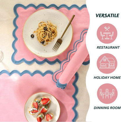 Folkulture Placemats Set of 4 (13 x 19) | 100% Cotton, Cute, Heat Resistant,Machine Washable Scalloped Place Mats | Pink Rectangular Cloth Table Placemats or Dining Table Mats for Dinner Party