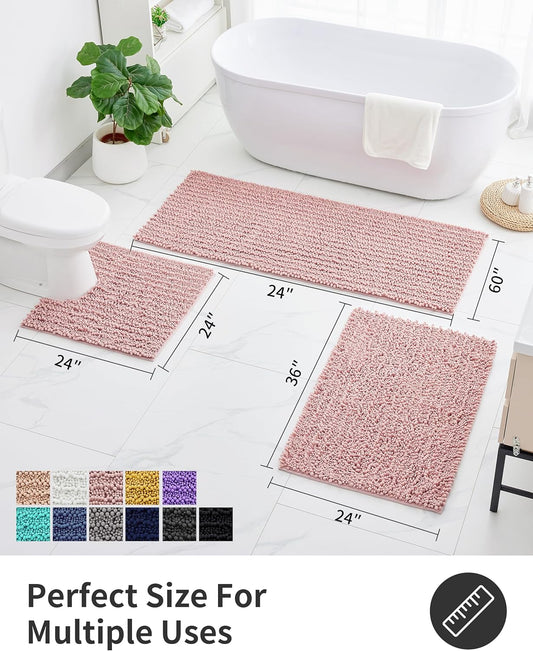 ILANGO Toilet Rugs U Shaped Pink 24x24 Bathroom Rugs,Extra Soft Absorbent Chenille Bath Rugs,Thick Non-Slip Shaggy Bath Mat,Machine Washable Quick Dry Shaggy Bath Mats for Toilet Contour