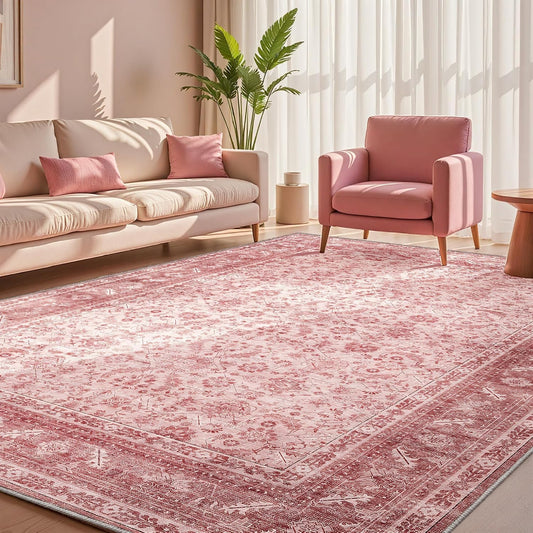 OPPODREAM Vintage Pink Area Rugs 5x7, 5 x 7 Retro Washable Rug Non Slip, Low-Pile Faux Wool Carpet, Distressed Floor Mat for Living Room, Bedroom, Kitchen, Office, Dorm, Dinning Room