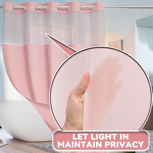 Conbo Mio No Hook Waffle Weave Shower Curtain with Snap in Liner Set, Hotel Luxury Pink Shower Curtains for Bathroom with See Through Top Window, Waterproof, Washable 71W x 74H