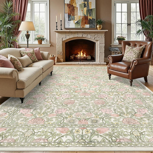 GarveeHome Pink and Green Vintage Floral Washable Rugs 8x10 for Living Room Boho Retro Botanical Rug Low Pile Stain Resistance Non Slip Carpet for Bedroom Nursery Dining Room