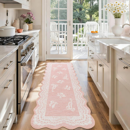 ORTIGIA Pink Scalloped Runner Rug 2x6, Washable Low Pile Non Slip Bathroom Rug with Bow for Hallway Bath Kitchen Bedroom Dorm Living Room Home Indoor Decor
