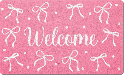 Mindsoft Pink Welcome Mat Bow Front Door Mat for Girls Home Decor Princess Coquette Rug 18 x 30 Inch Sweet Home Indoor Holiday Decoration