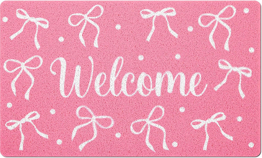 Mindsoft Pink Welcome Mat Bow Front Door Mat for Girls Home Decor Princess Coquette Rug 18 x 30 Inch Sweet Home Indoor Holiday Decoration