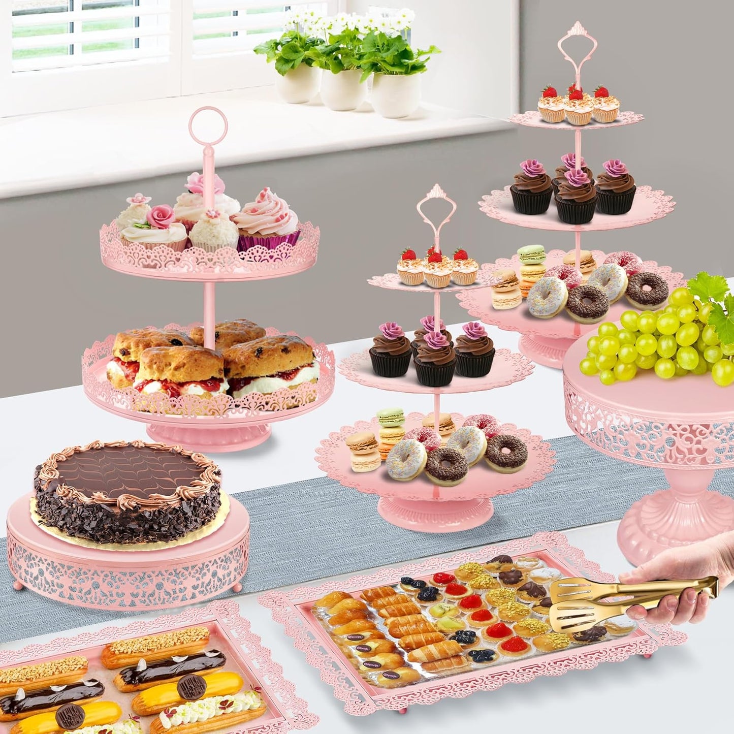 Pink Dessert Table Display Set Cake Stand, Metal Tiered Cupcake Holder Food Candy Plate Serving Tower Tray Platter With Tong, Cake Knife and Server Set For Wedding Baby Shower Celebration Decor 11PCS