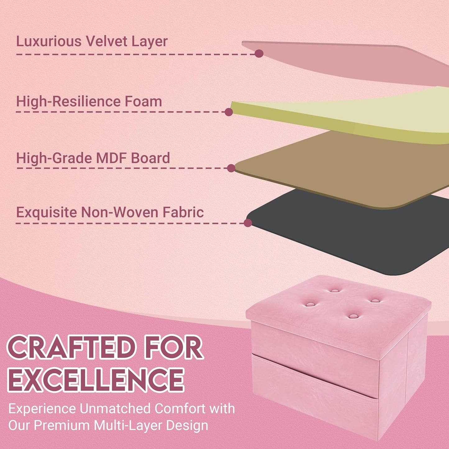 ZOES HOMEWARE Small Storage Ottoman Foot Rest, Velvet Ottoman with Storage and Side Pocket, Pink Foot Rest for Couch, Foldable Footstool Ottoman for Chair,Living Room&Dorm, 16"x12"x12" Pink