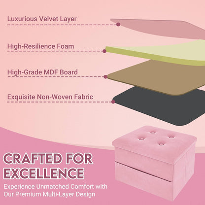 ZOES HOMEWARE Small Storage Ottoman Foot Rest, Velvet Ottoman with Storage and Side Pocket, Pink Foot Rest for Couch, Foldable Footstool Ottoman for Chair,Living Room&Dorm, 16"x12"x12" Pink