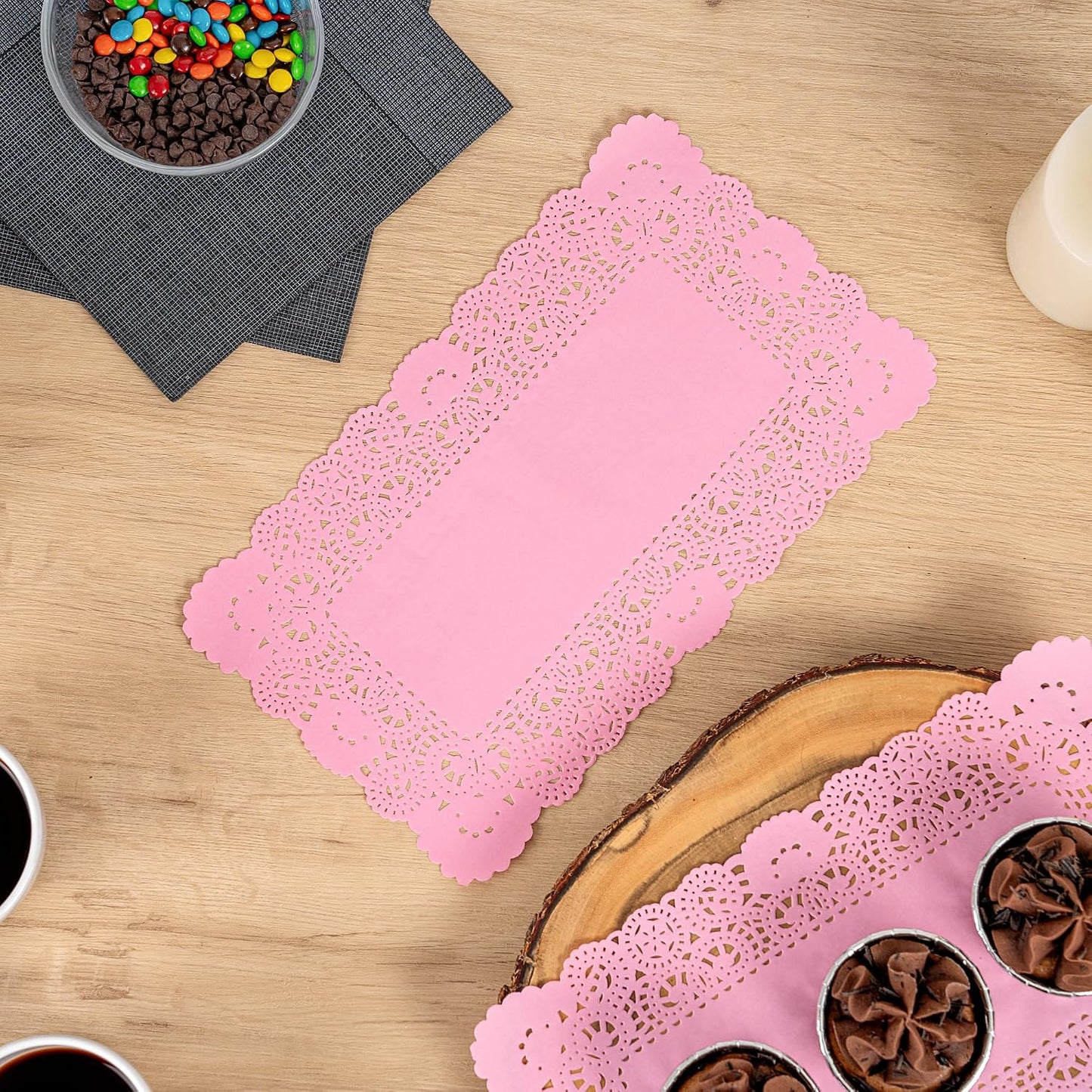 Restaurantware-Pastry Tek 12 x 7 Inch Paper Lace Doilies, 100 Rectangle Disposable Table Doilies - Elegant Lace Finish, Long Lasting, Pink Paper Lace Doilies, for Pastries, Cupcakes, Desserts