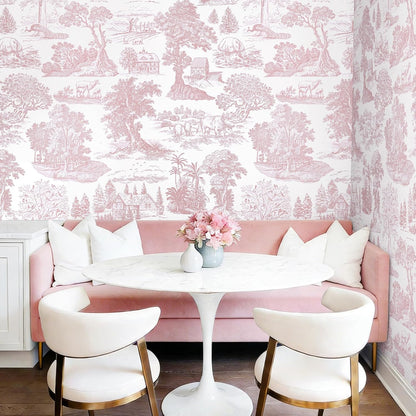 Pink Peel and Stick Wallpaper Toile Contact Paper Pink and White Wallpapers Boho Floral French Country Walls Covering Removable Self-Adhesive Vinyl Wrap for Bedroom Bathroom Cabinet 17.3" x 118"