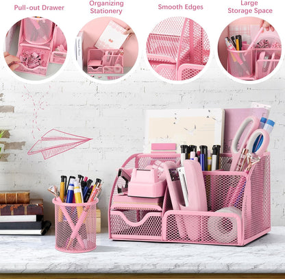 Fayoo 11 Pcs Pink Office Supplies Set Mesh Desk Organizer Accessories Kit include Stapler Tape Dispenser Staple Remover Clips Ruler Scissors Sticky Notes for Office School Home Women (Pink)